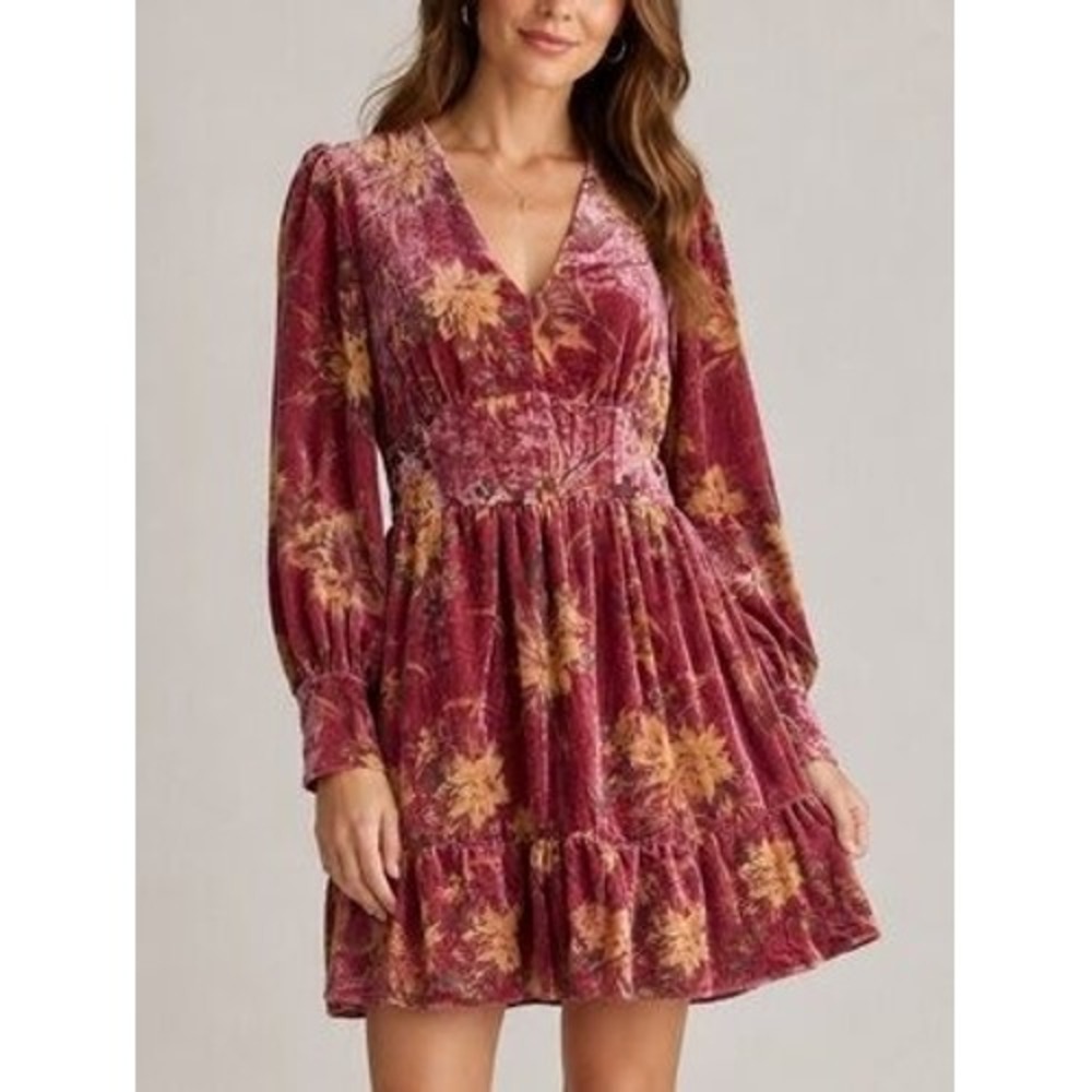 Fate Velvet Floral Dress Womens Small Burgundy V-Neck Long Sleeve Mini Boho 3027